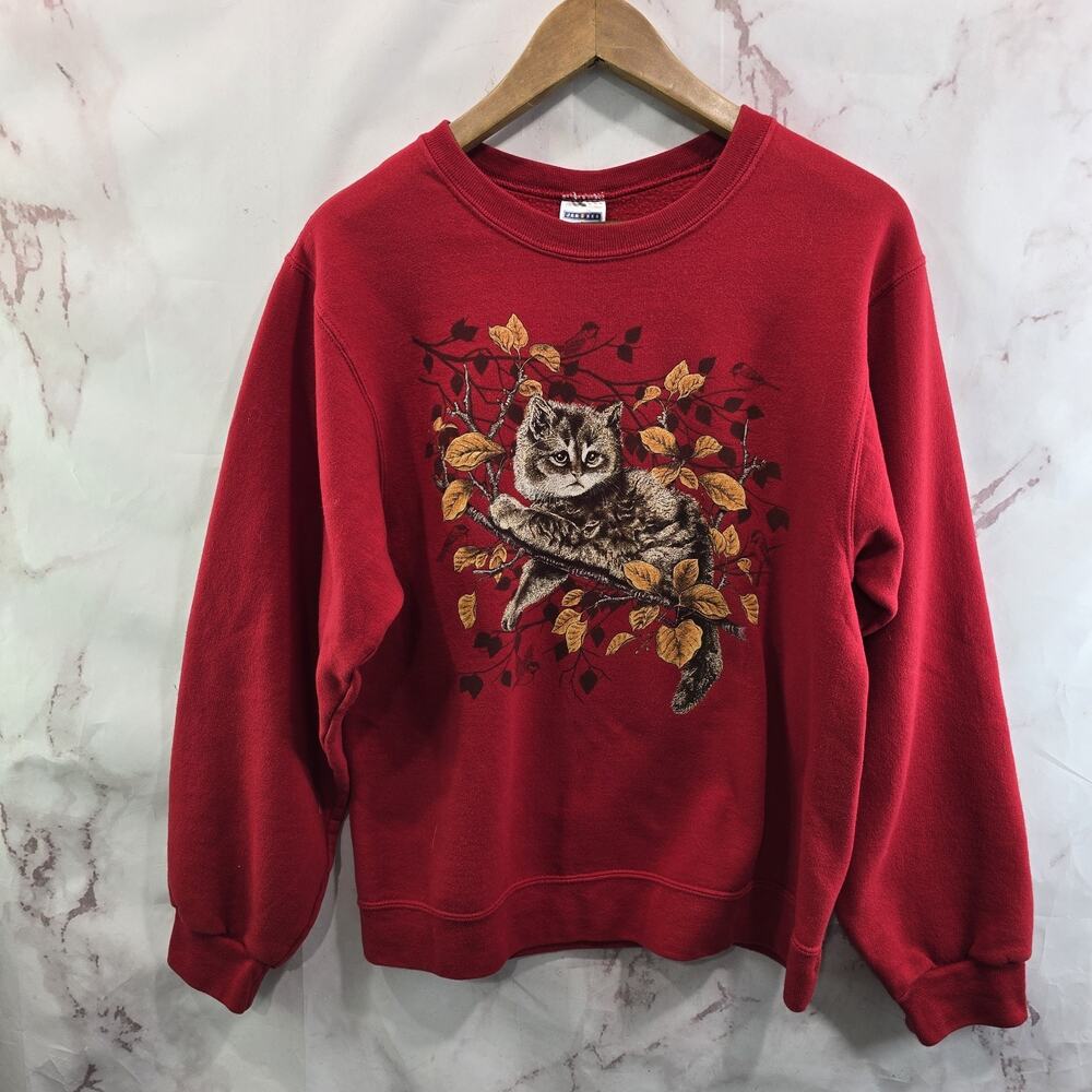 Vintage Cat Sweatshirt Womens Small Red Crew Pullover 90s Bird Fall Autumn